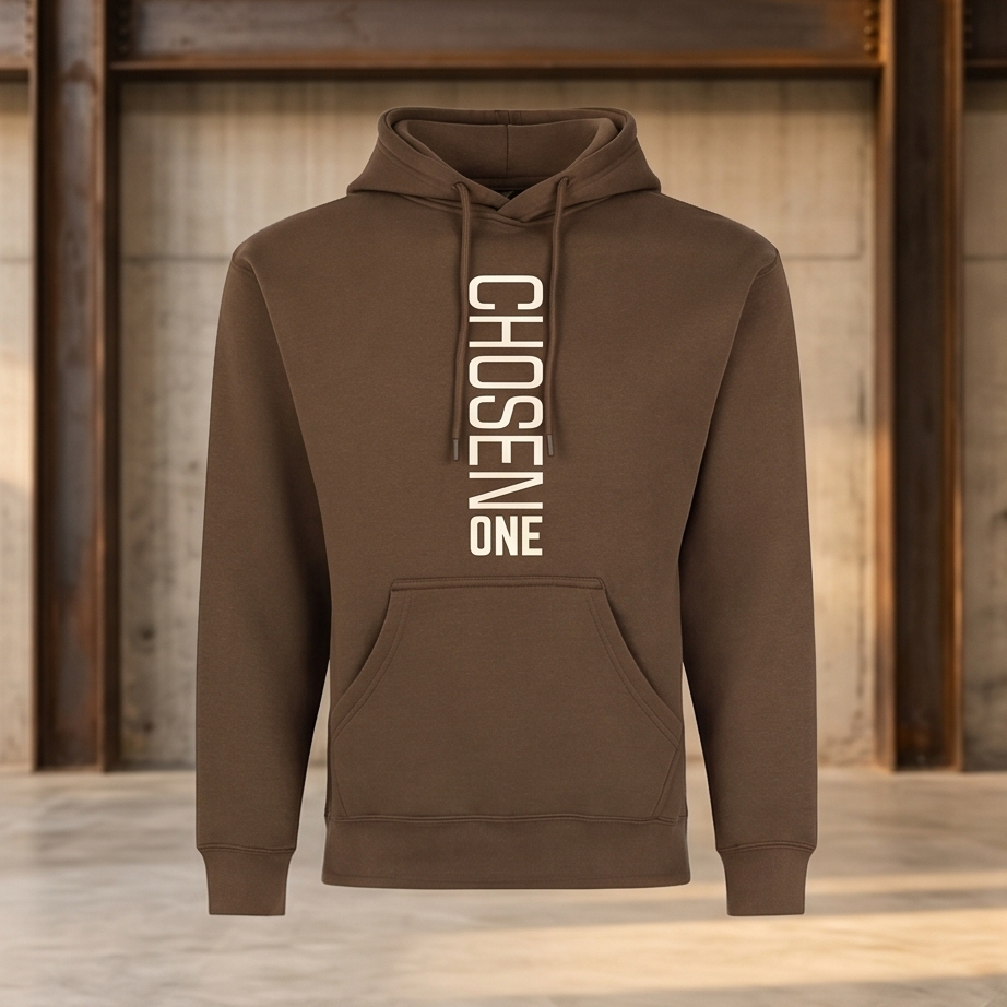 Brown hoodie with 'CHosen ONE' text on a wooden background