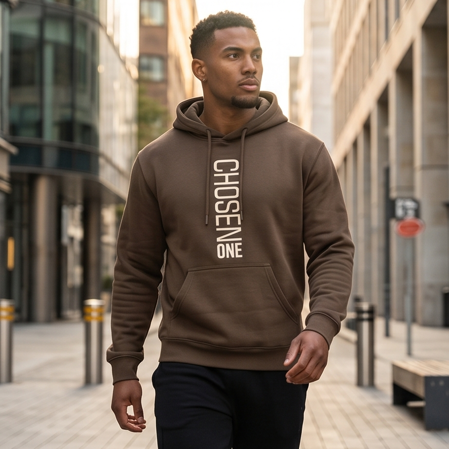 Man wearing a brown hoodie with 'CHISEN ONE' text in an urban setting
