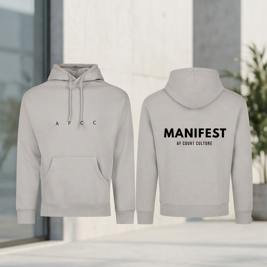 Gray hoodie with 'AFC' on the front and 'MANIFEST' on the back, displayed against a neutral background.
