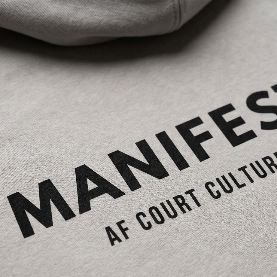 Gray hoodie with 'MANIFEST' and 'AF COURT CULTURE' text on a textured fabric background