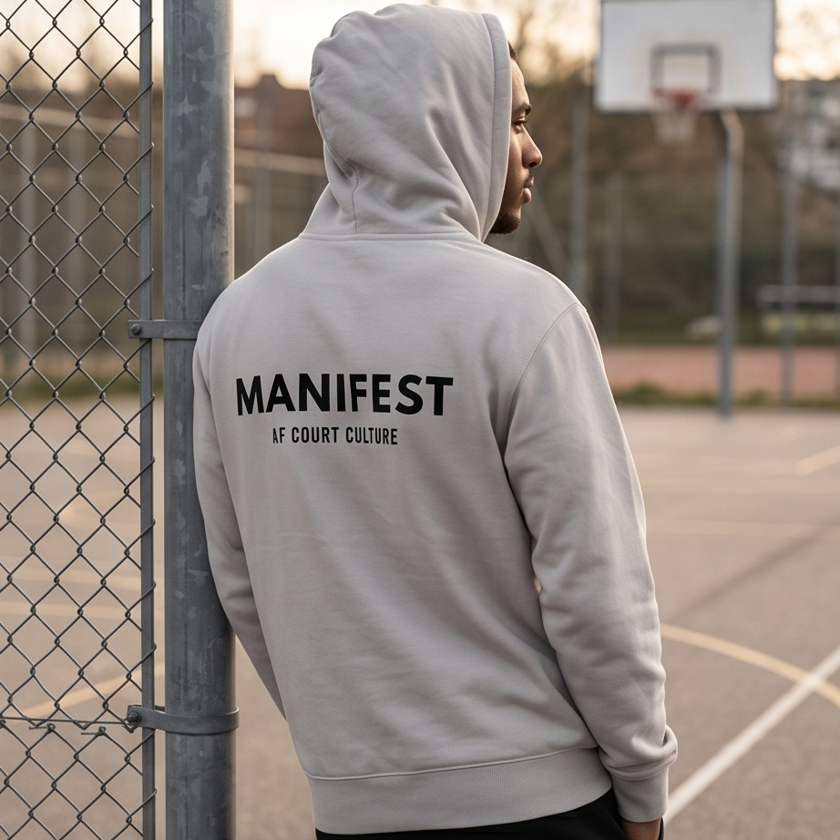Person wearing a hoodie with 'MANIFEST' branding on a basketball court.