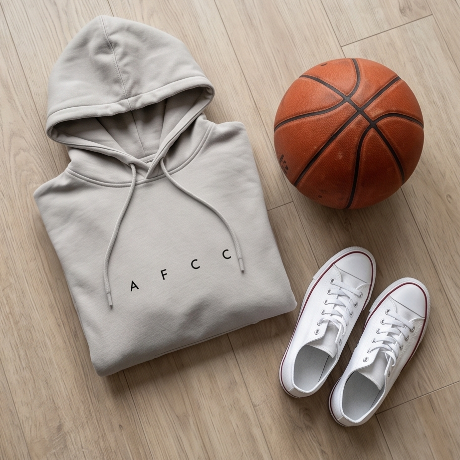 Folded hoodie with 'AFCC' logo, basketball, and white sneakers on a wooden floor.