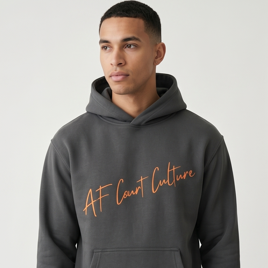 Person wearing a dark gray hoodie with 'AF Court Culture' text on a light gray background