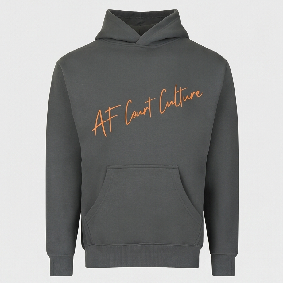 Gray hoodie with 'AF Court Culture' text on a light gray background