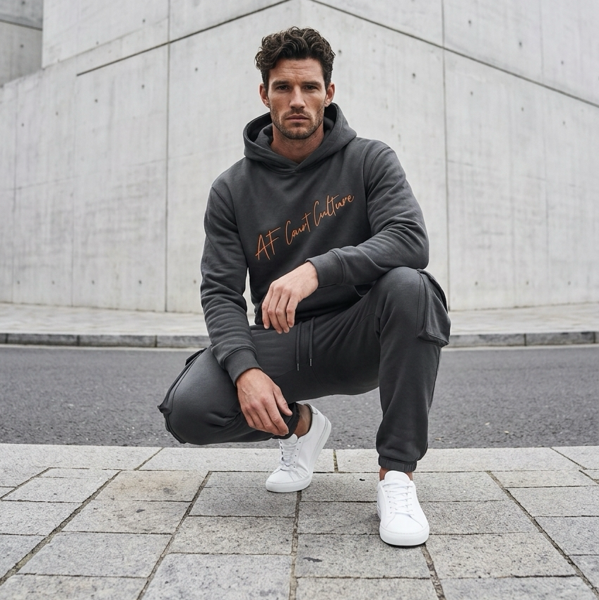 Man in a gray hoodie and pants crouching in an urban setting with concrete walls.