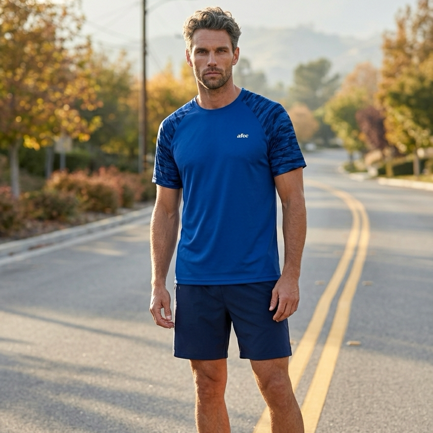 Man in blue athletic shirt and shorts standing on a road with trees and mountains in the background