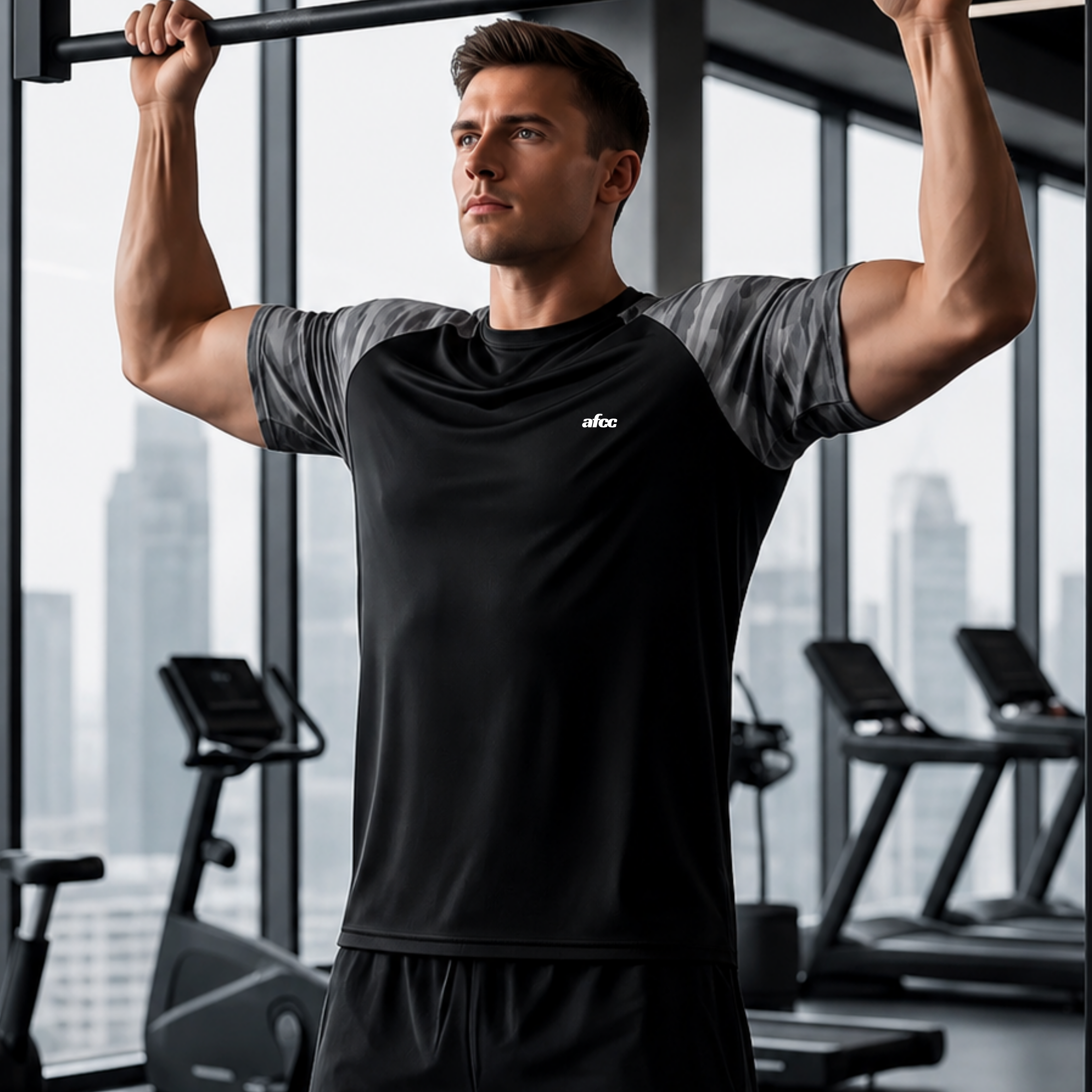Man exercising in a gym with a cityscape view