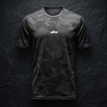 Black camouflage t-shirt with 'afcc' logo on a dark textured background