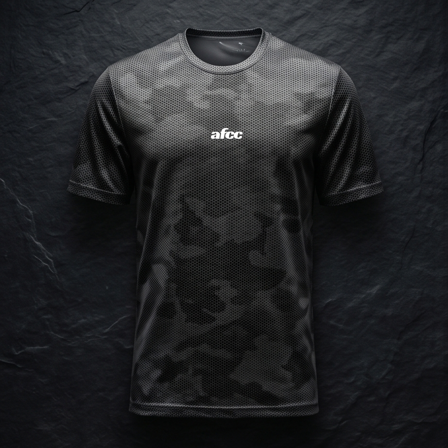 Black camouflage t-shirt with 'afcc' logo on a dark textured background