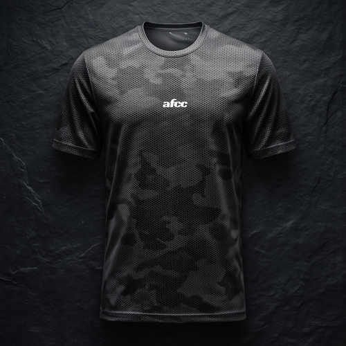 Black camouflage t-shirt with 'afcc' logo on a dark textured background