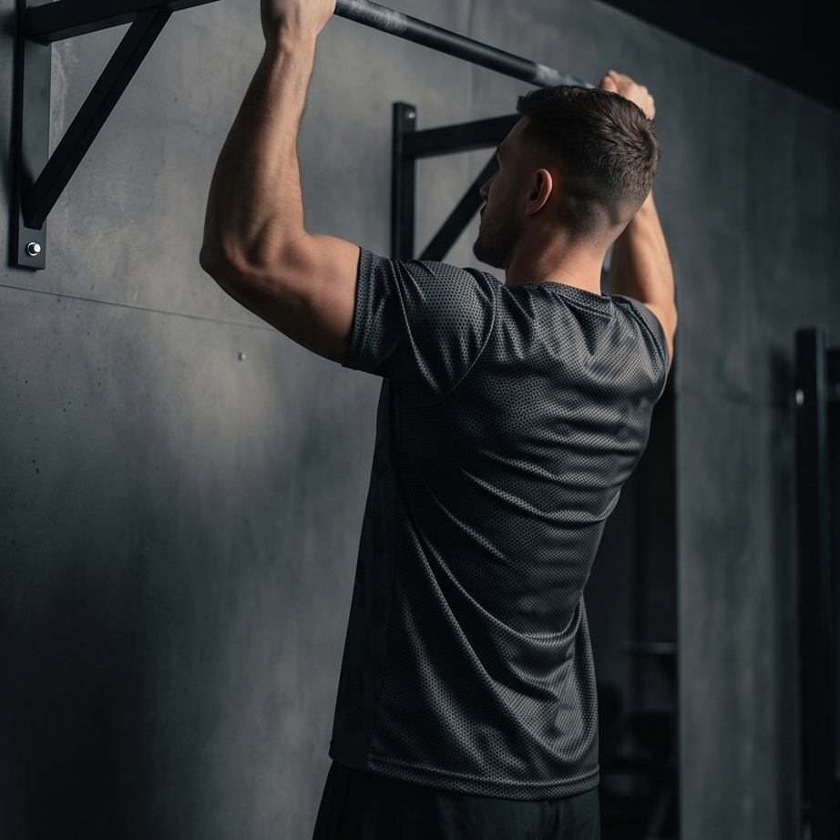 Man performing pull-ups on a bar against a dark wall