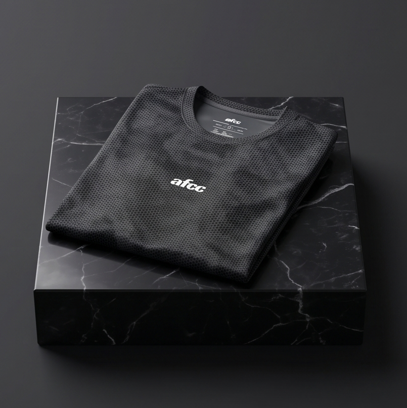 Folded black shirt with 'afcc' logo on a dark marble surface