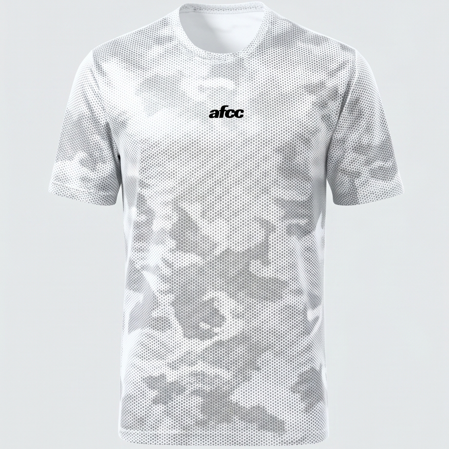 White camouflage t-shirt with 'afcc' logo on a light gray background