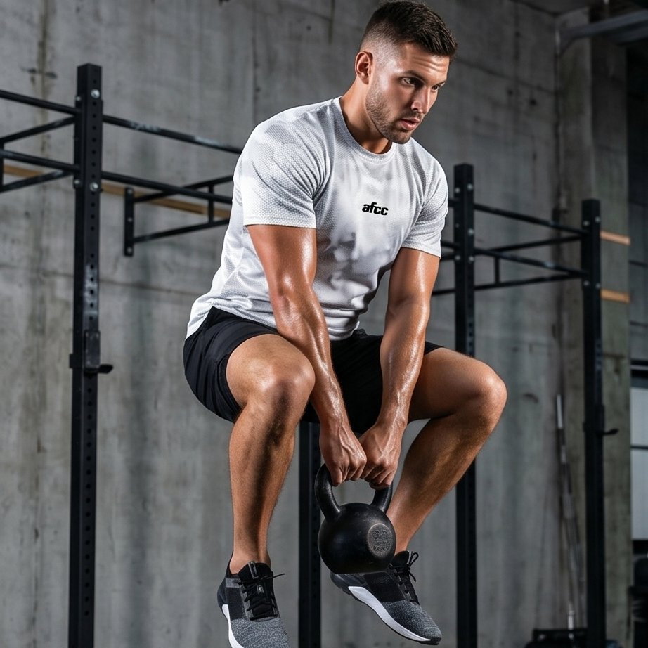 Man performing kettlebell exercise in a gym setting