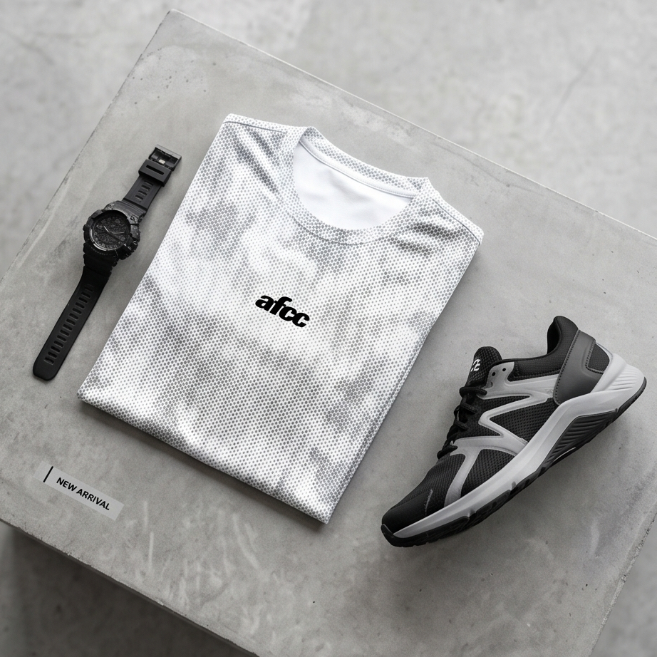 Folded white t-shirt with 'afcc' branding, black watch, and black athletic shoe on a gray surface.