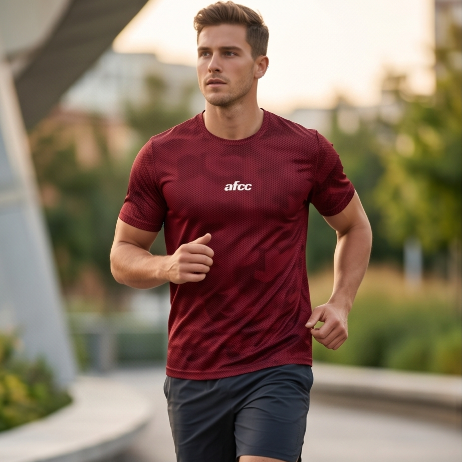 Man running outdoors wearing a maroon athletic shirt with 'afc' logo.