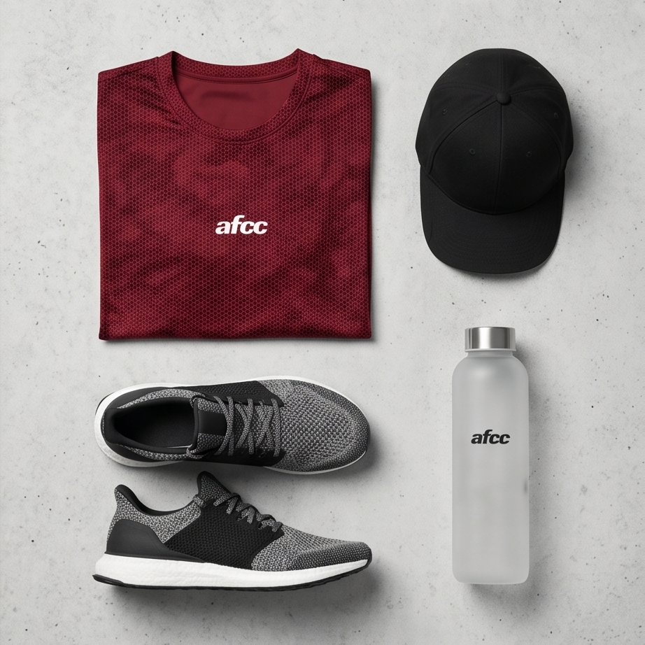 Maroon athletic shirt, black cap, gray sneakers, and white water bottle with 'afcc' branding on a light gray surface.