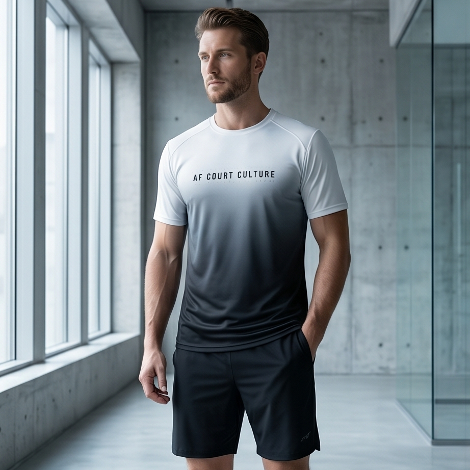 Man wearing a gray and white t-shirt with 'AF Court Culture' text in a modern indoor setting.