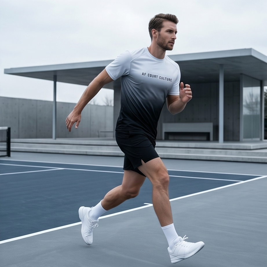 Man running on a tennis court wearing a gray and black athletic outfit.