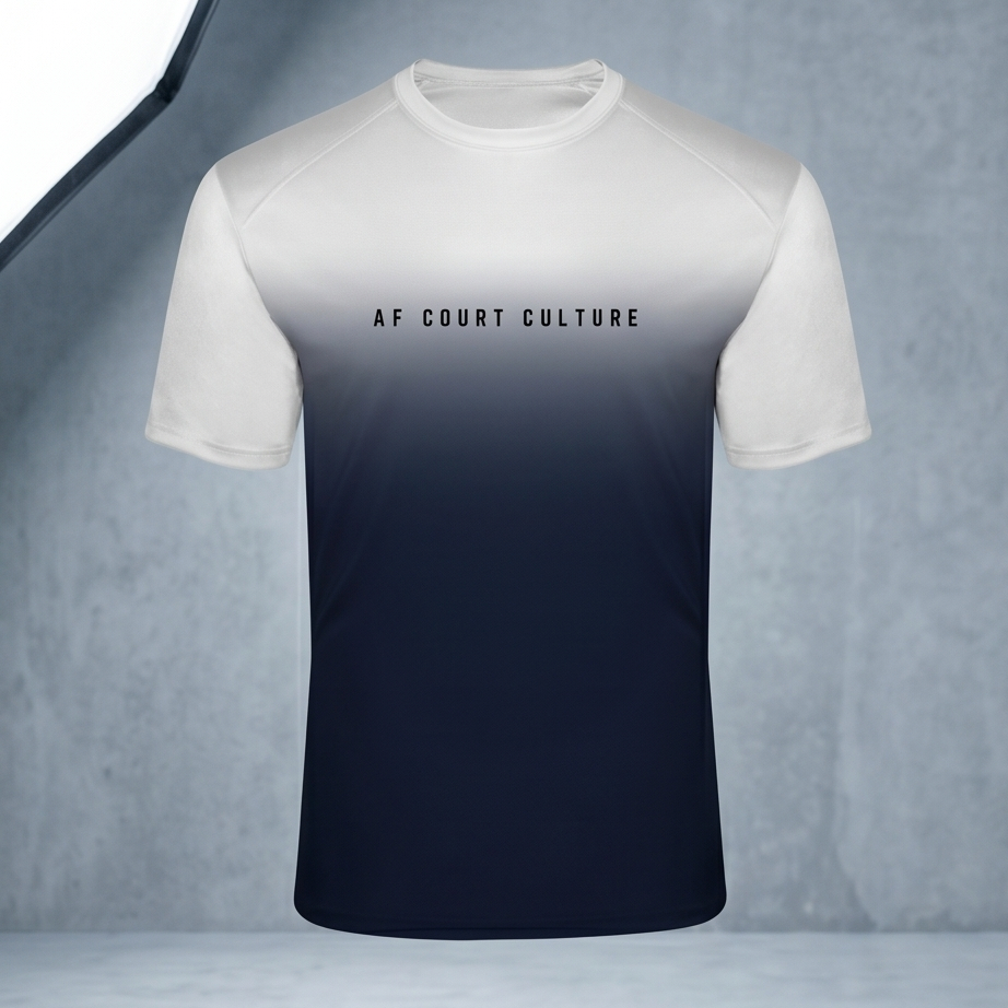 White and navy gradient t-shirt with 'AF COURT CULTURE' text on a gray background