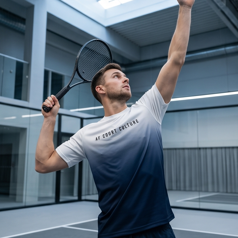 Man playing tennis in an indoor court wearing a branded t-shirt.