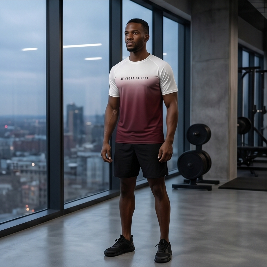 Man in athletic wear standing in a modern gym with cityscape view
