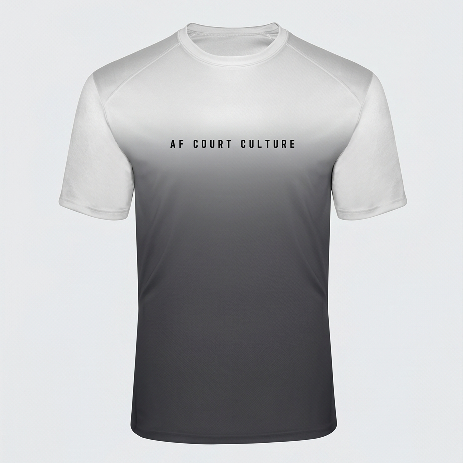 Gray and white gradient t-shirt with 'AF Court Culture' text on a light gray background
