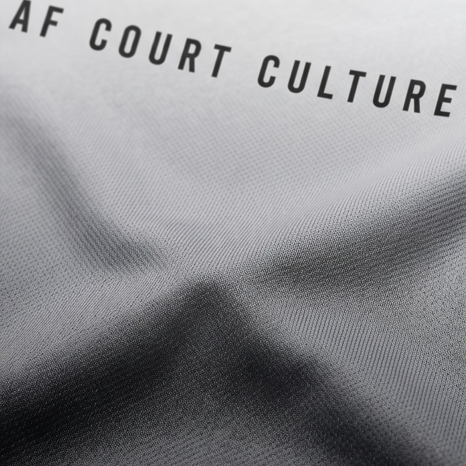 Gray fabric with 'AF COURT CULTURE' text printed on it