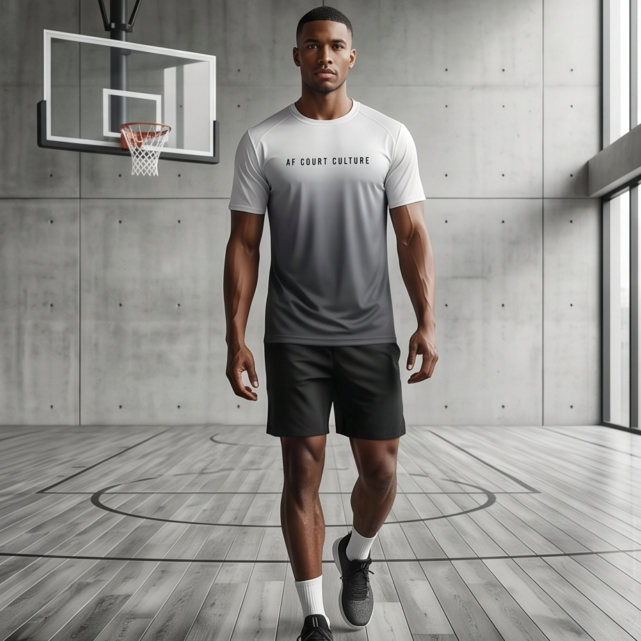 Man walking on a basketball court wearing a gray t-shirt with 'Off Court Culture' text.