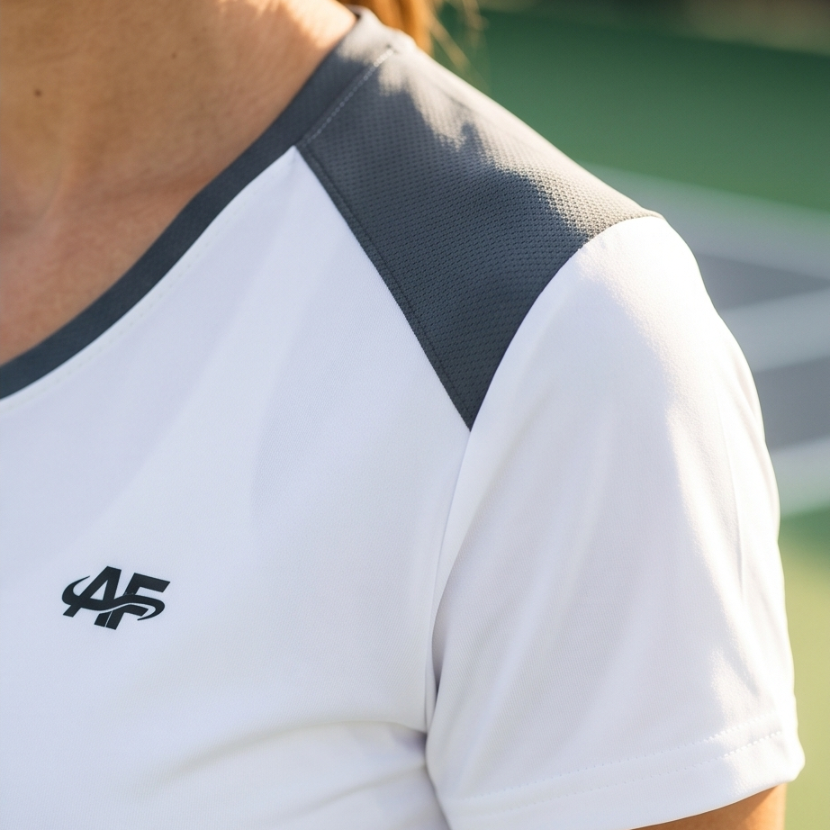 Person wearing a white and gray sports shirt with a logo on a blurred outdoor background