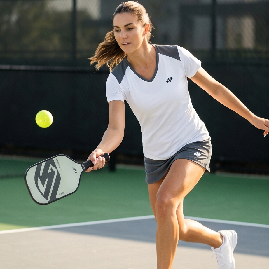 Woman playing tennis on a court with a racket and ball
