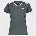 Gray athletic shirt with white accents and a logo on a light gray background