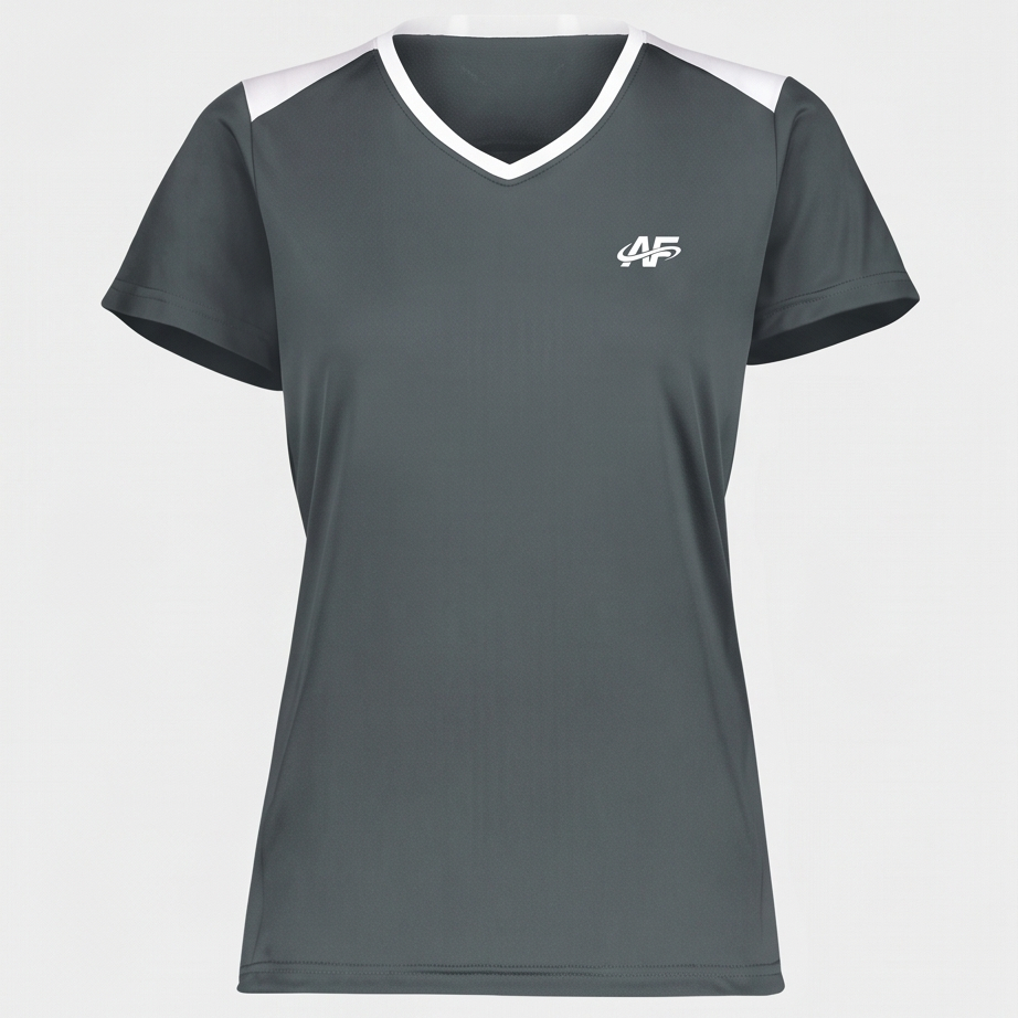 Gray athletic shirt with white accents and a logo on a light gray background
