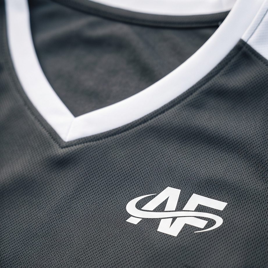 Gray sports jersey with a white logo on a dark background