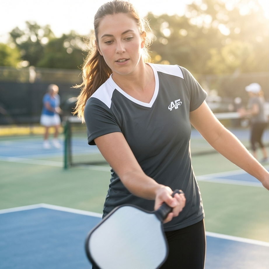 Woman playing pickleball on an outdoor court with a blurred background
