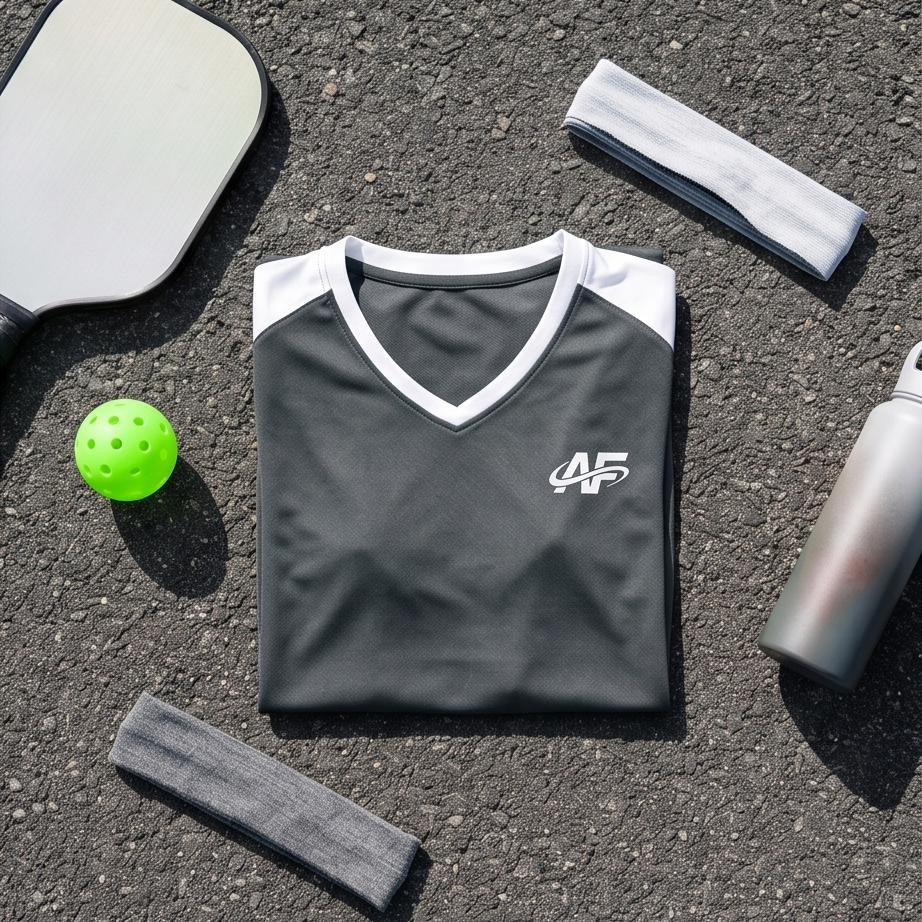 Gray sports jersey with white accents on a textured surface, surrounded by pickleball equipment.