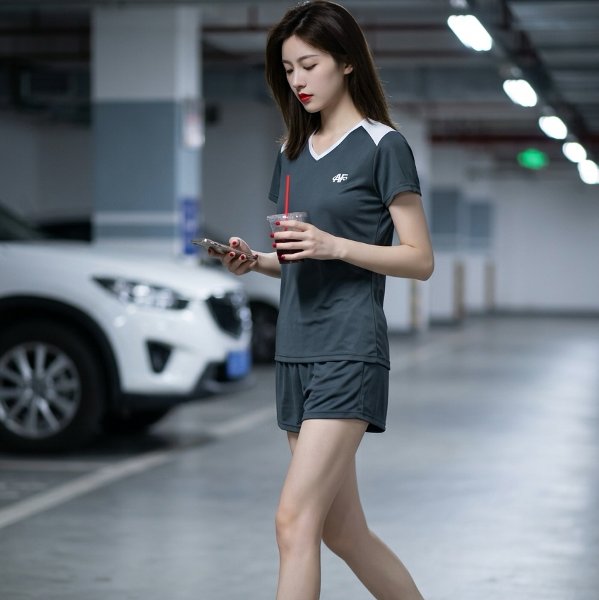 Woman in athletic wear walking in a parking garage holding a drink.