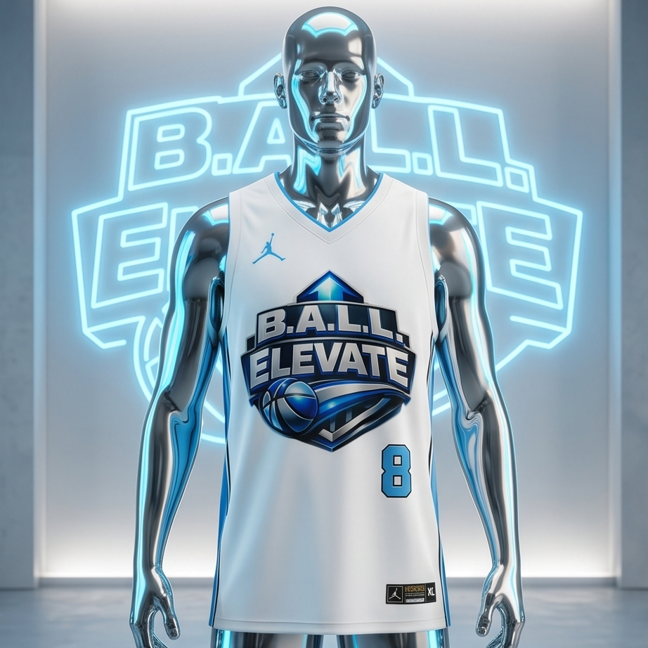 Mannequin wearing a basketball jersey with 'B.A.L.L. Elevate' branding in a futuristic setting.