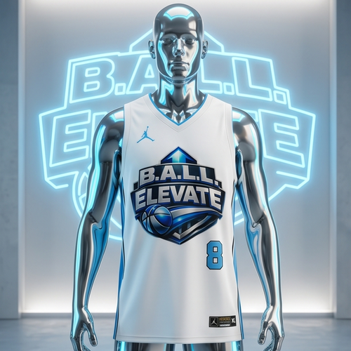 Mannequin wearing a basketball jersey with 'B.A.L.L. Elevate' branding in a futuristic setting.