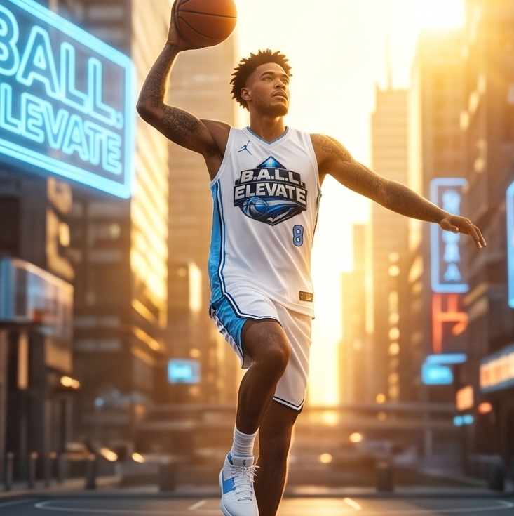Basketball player in action on a city street with 'Ball Elevate' branding.