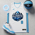 Basketball jersey with 'B.A.L.L. Elevate' branding, a shoe, and a ball on a gray surface.