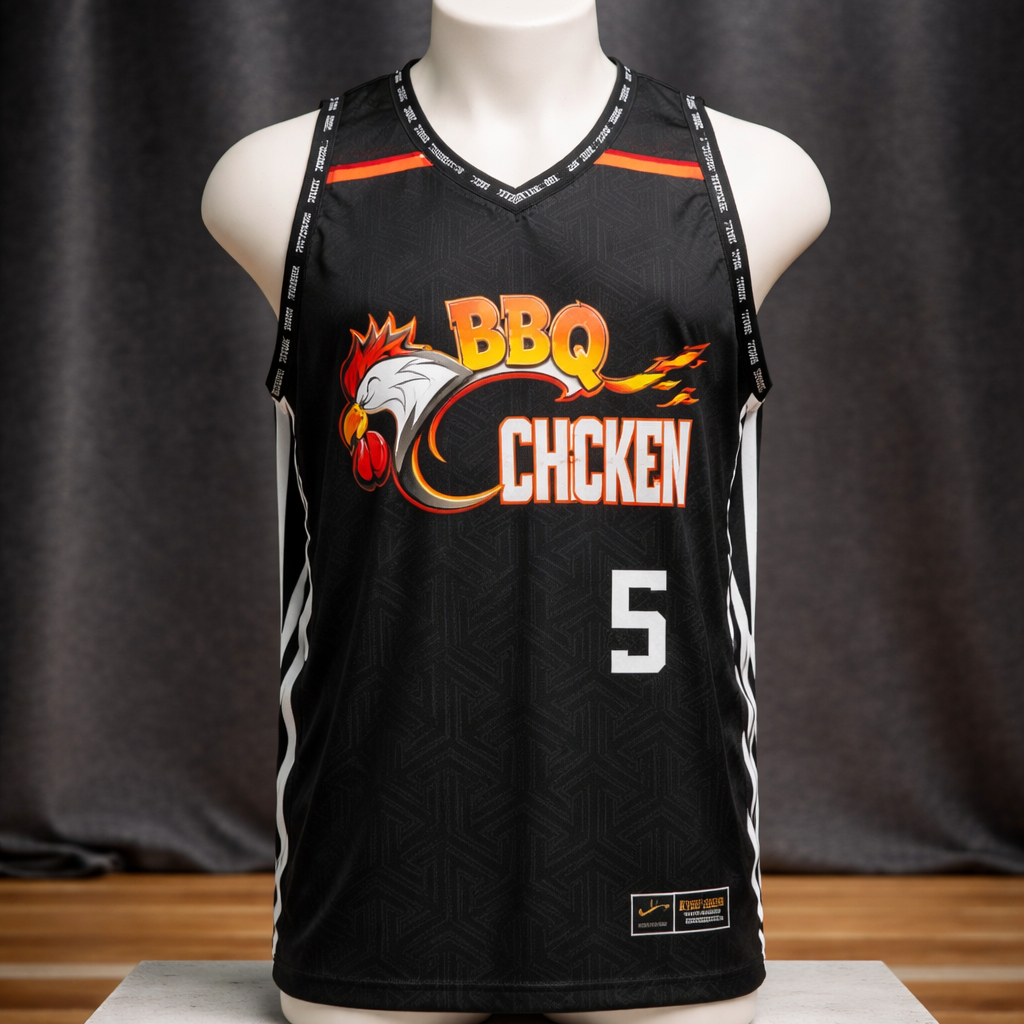 Black basketball jersey with 'BBQ Chicken' and number 5 on a mannequin against a dark curtain background.