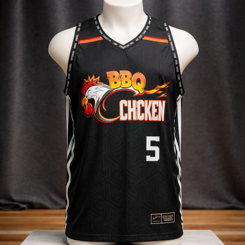 Black basketball jersey with 'BBQ Chicken' and number 5 on a mannequin against a dark curtain background.