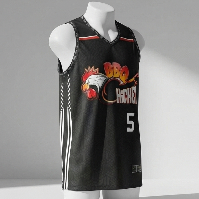 Black basketball jersey with graphics on a mannequin against a gray background