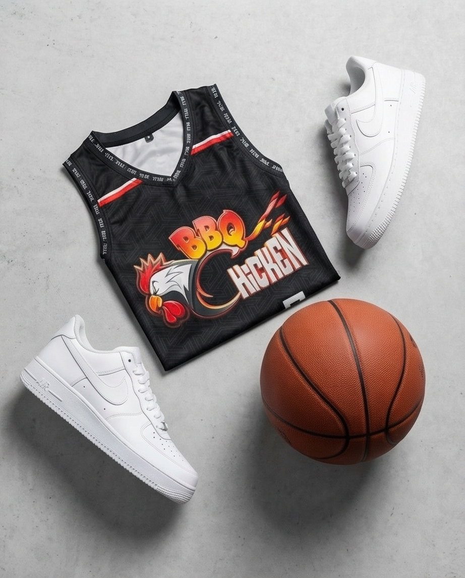 Black tank top with red text, white sneakers, and a basketball on a gray surface