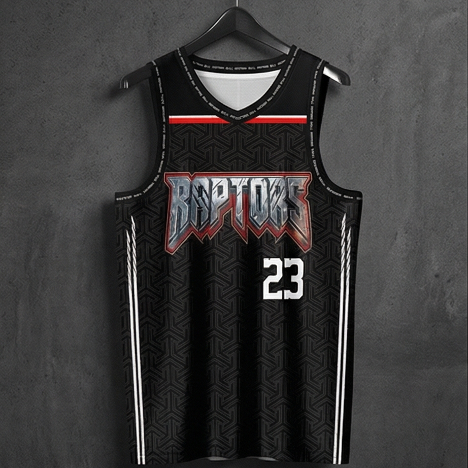 Black basketball jersey with 'Raptors' and number '23' on a hanger against a dark background
