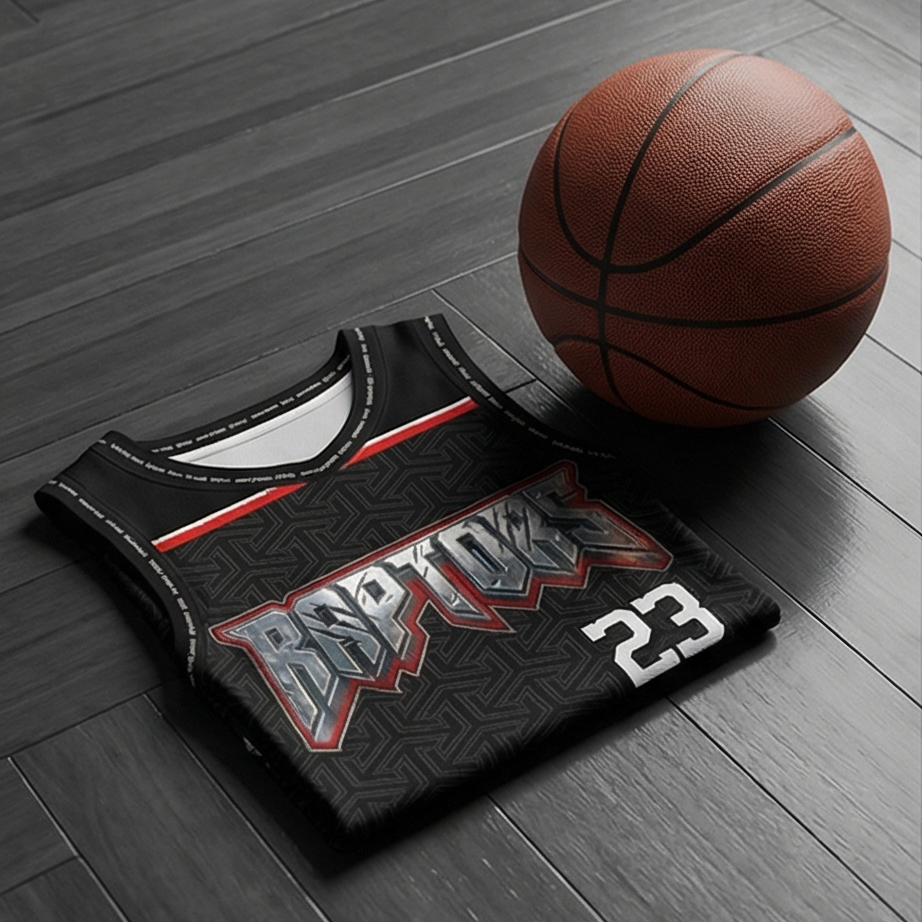 Black Raptors jersey with number 23 and a basketball on a wooden floor