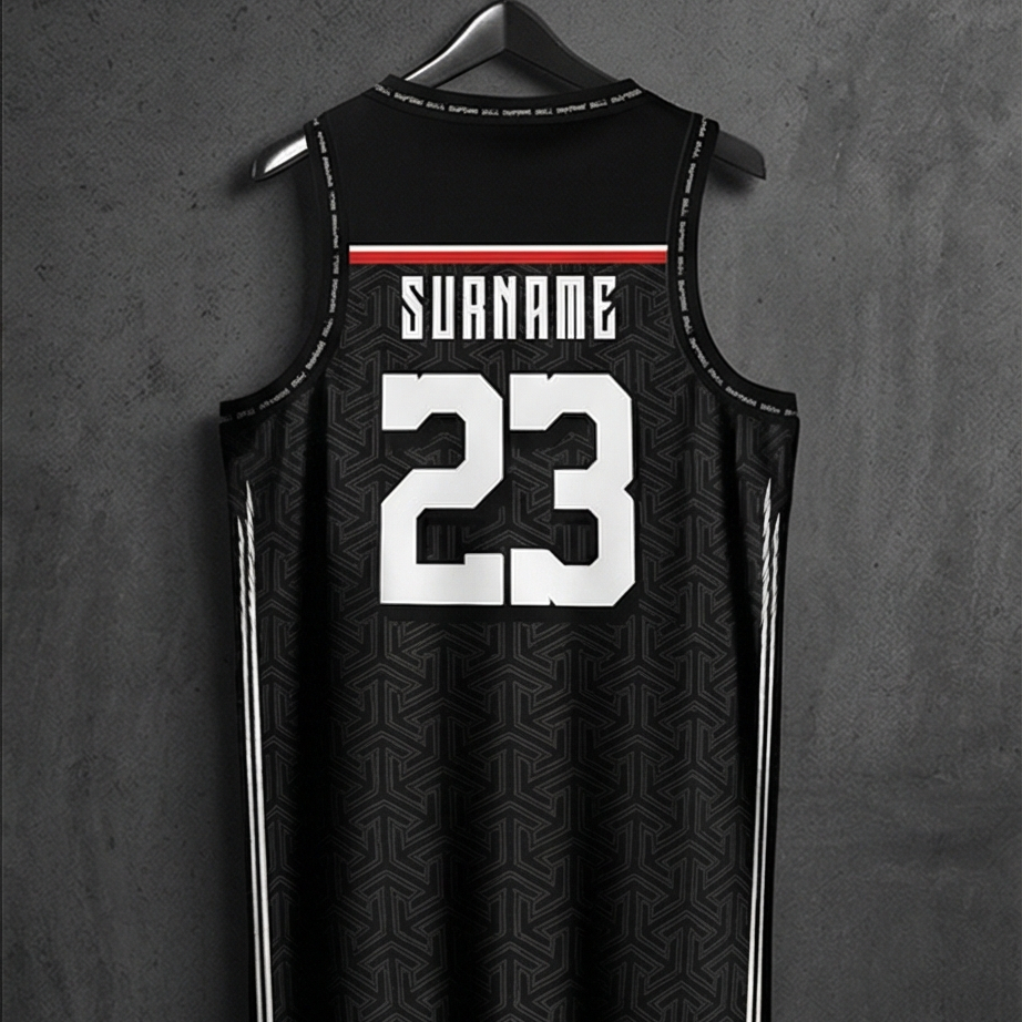 Black sports jersey with white text and number on a gray background