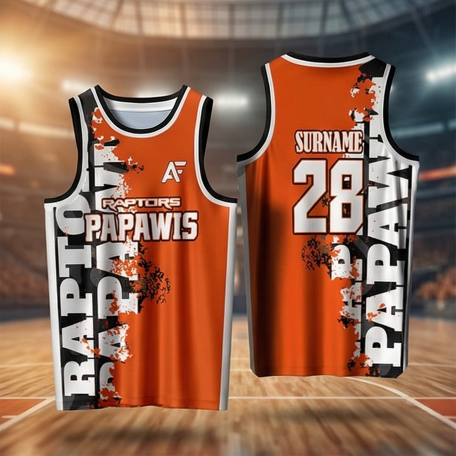 Two orange basketball jerseys with 'Raptors Papawis' branding on a sports arena background.