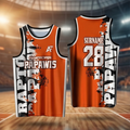 Two orange basketball jerseys with 'Raptors Papawis' branding on a sports arena background.